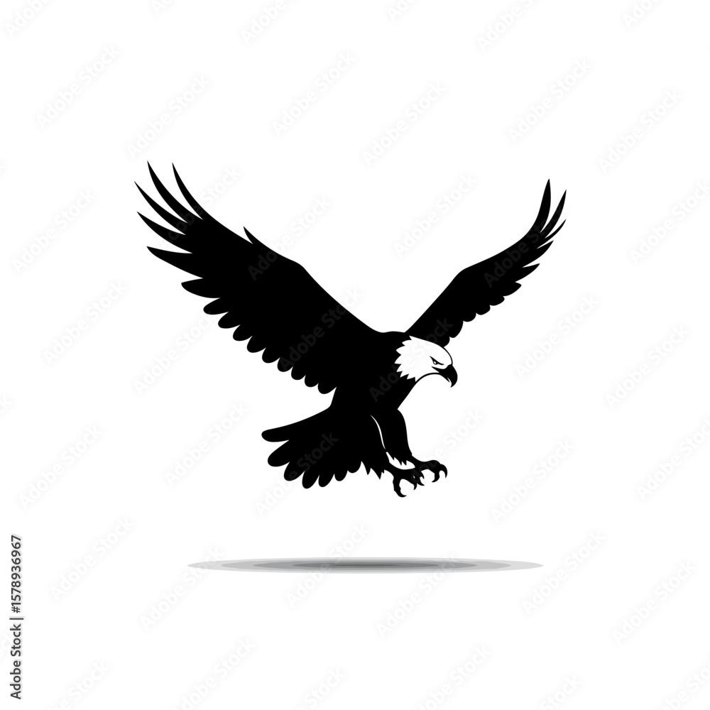 Fototapeta premium Soaring Silhouette: A majestic bald eagle, captured in a striking silhouette, spreads its powerful wings against a backdrop of stark simplicity, symbolizing freedom.