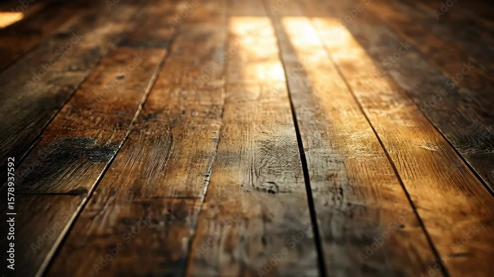 Sunlight streaming onto a rustic wooden floor, creating warm patterns and textures