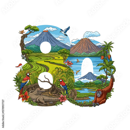 An expressive wildlife scenic features landscapes, dragons, birds, orangutans and volcanoes, evoking the exotic beauty and ecological diversity of the Indonesian Islands.