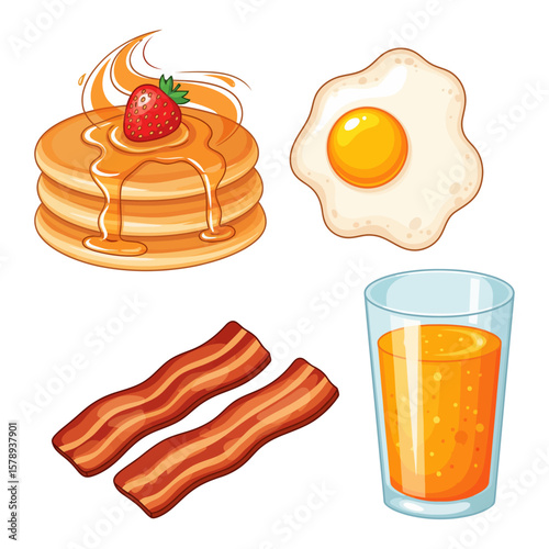 Breakfast illustration with pancakes egg bacon and juice for a morning meal clipart design vector