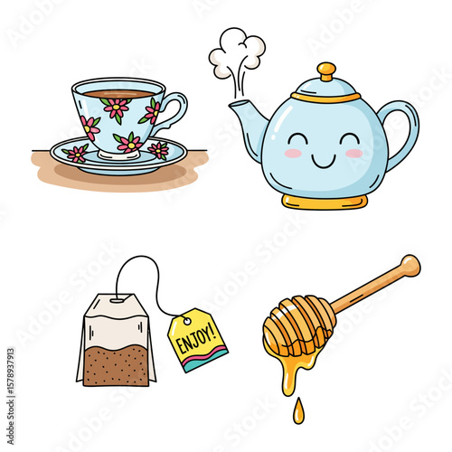 Cute tea time illustration with teapot teacup honey and teabag for relaxation and enjoyment time vector