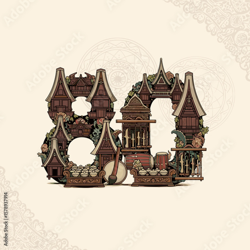 Exquisite graphic featuring traditional Minangkabau architecture creatively arranged into the shape of the number eighty, perfect for cultural designs.
