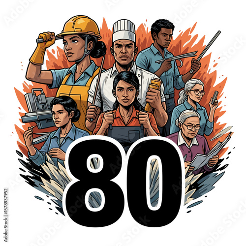 Diverse group of professionals celebrates eighty years of service in design, a vibrant display of community, work, and collective experience.