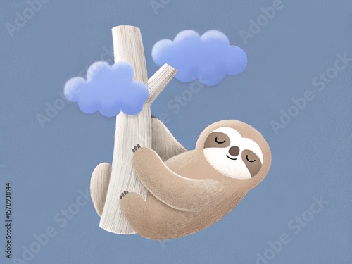 Clipart of a cartoon cute animal with fluffy texture in soft pastel tones. Cute Sloth Hanging on Tree with Soft Clouds in Bright Background