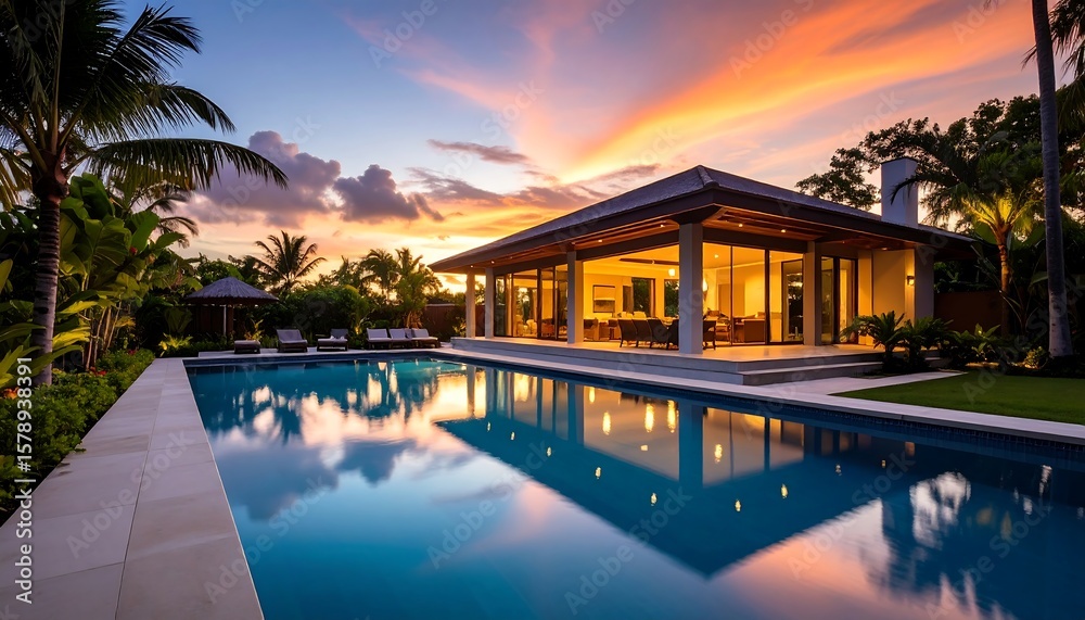 Obraz premium Tropical sunset home, pool reflection