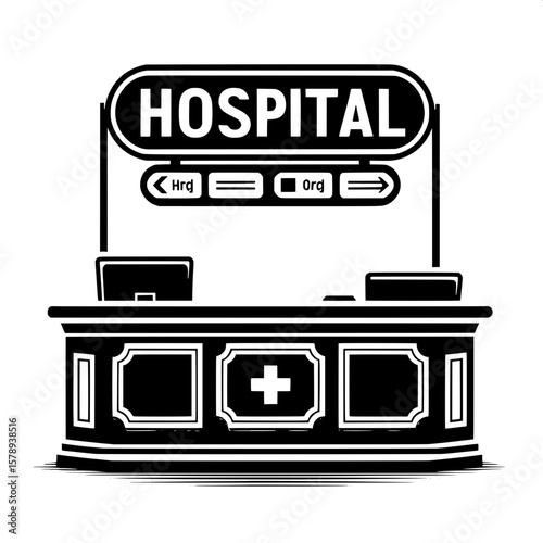 Black and White Vector Silhouette of a Hospital Reception Counter