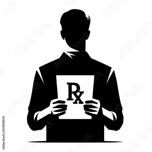 Black and White Vector Silhouette of a Man Holding Prescription in Hand