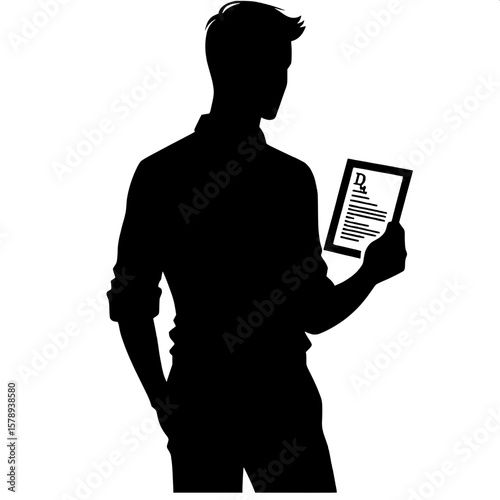 Black and White Vector Silhouette of a Man Holding Prescription in Hand