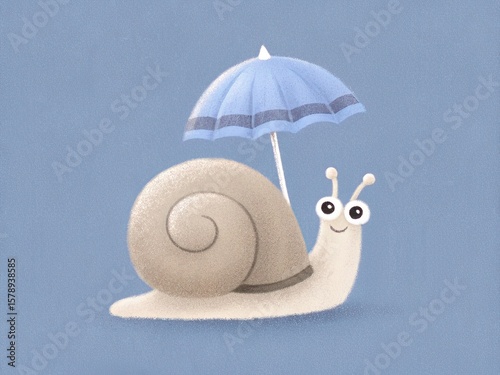Clipart of a cartoon cute animal with fluffy texture in soft pastel tones. Cute Snail with Blue Umbrella on Soft Blue Background
