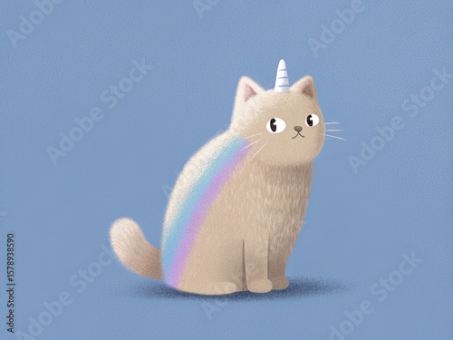 Clipart of a cartoon cute animal with fluffy texture in soft pastel tones. Adorable Cartoon Cat with Unicorn Horn and Rainbow Accent