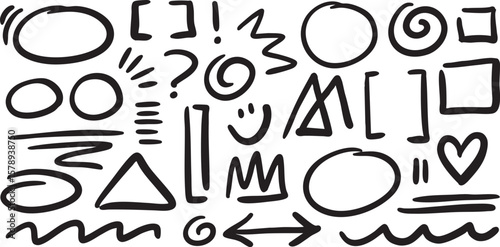 Collection of black paint, ink brush strokes, artistic design elements. Vector illustration. Isolated on white background. Freehand doodle drawings