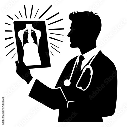 Black and White Vector Silhouette of a Doctor Holding X-ray Sheet
