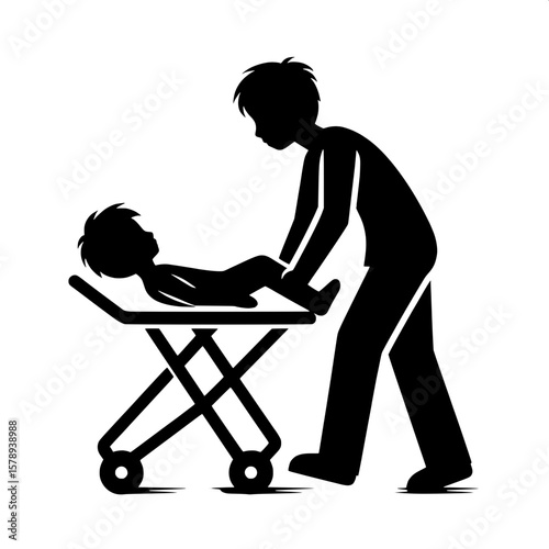 Black and White Vector Silhouette of a Boy Being Wheeled on Stretcher