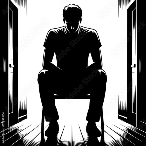 Black and White Vector Silhouette of a Man Sitting Alone in Hospital Hallway