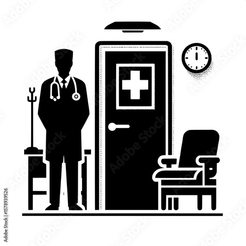 Black and White Vector Silhouette of a Male Doctor Standing Near Patient Door