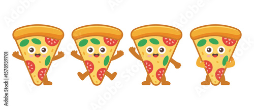 Four happy cartoon pizza slices with faces and arms waving