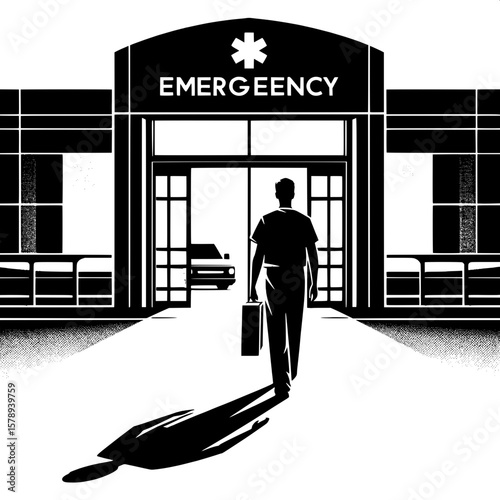 Black and White Vector Silhouette of a Man Walking into Emergency Room