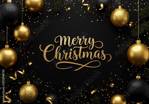 Merry Christmas greeting with gold ornaments on black background  