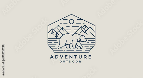 Minimalist Line Art Illustration of a Walking Bear in Nature