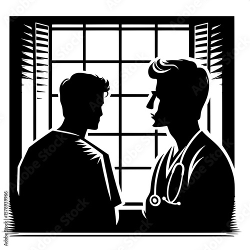 Black and White Vector Silhouette of a Doctor Standing by Window