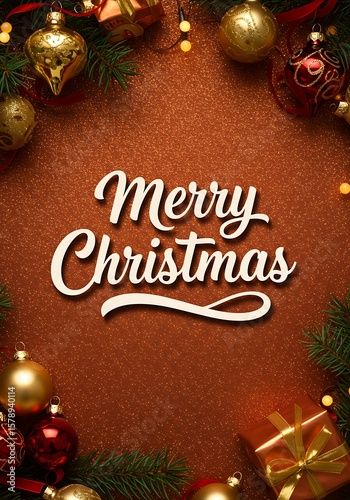Merry Christmas greeting with ornaments and presents on backdrop  