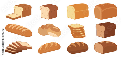 Collection of various types of bread loaves and slices in a flat design illustration