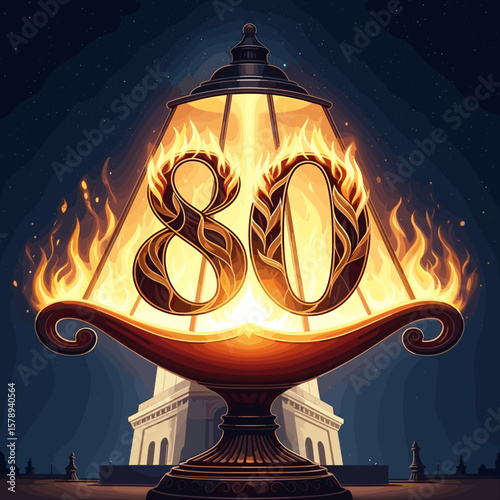 A celebratory eighty years design features fiery numbers on a decorative lamp, perfect for birthday cards, anniversary graphics, and milestone event branding.