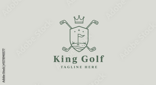 Elegant King Golf Logo: Green Line Art Crest with Crown, Golf Clubs, and Flag