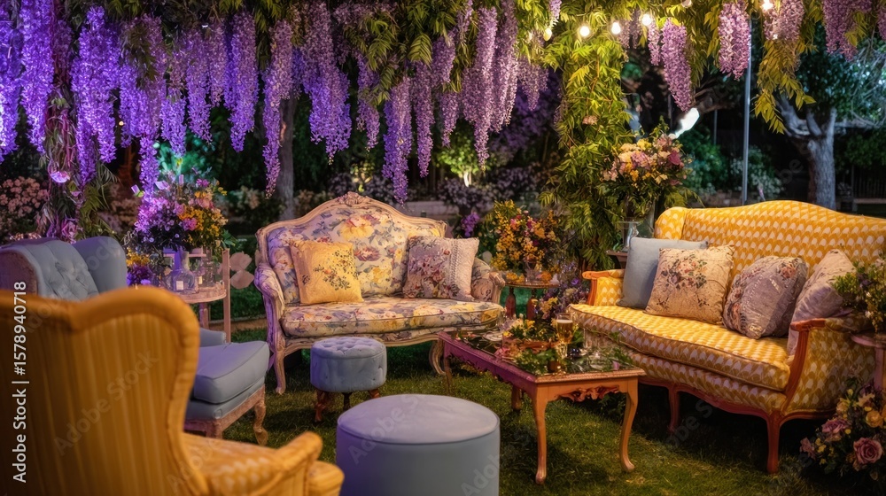 Obraz premium Garden party, floral, vintage furniture