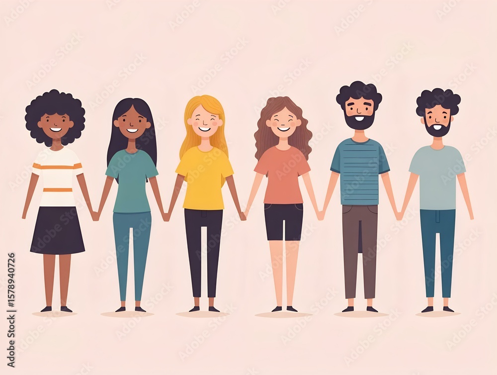 Obraz premium cartoon group of diverse happy young people holding hands on pastel background. unity and inclusion, international youth day