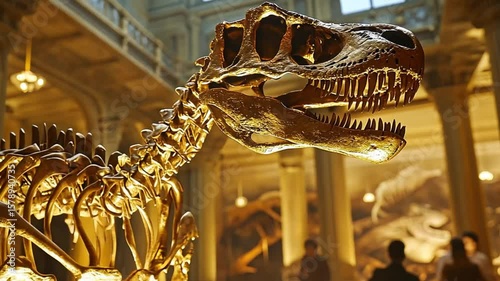 Golden Tyrannosaurus Rex Skeleton in Museum Exhibit