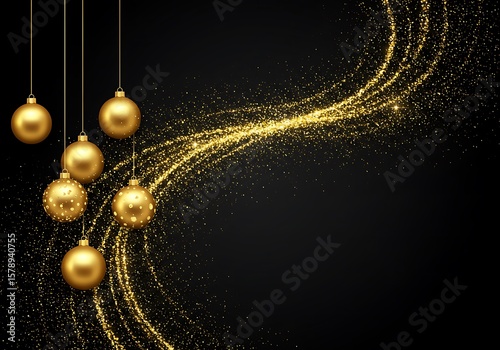 Gold Christmas ornaments with glitter on black background  