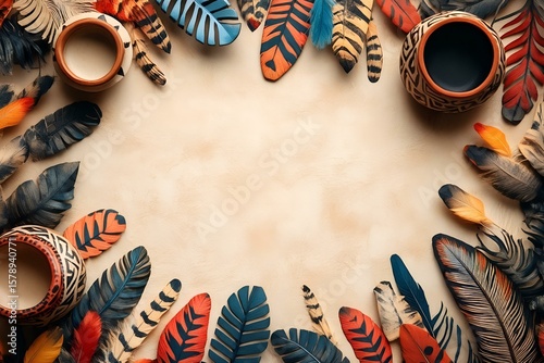 indigenous heritage illustration. feathers, pottery, and folk patterns with copy space. indigenous peoples' day