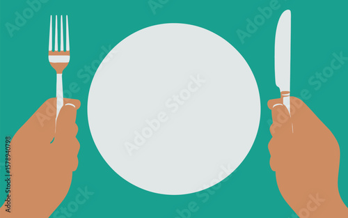 Hands holding fork and knife ready to eat at a white plate