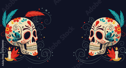 Colorful decorative skulls with flowers and candles on dark background  