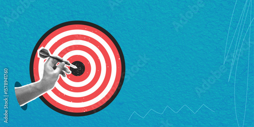 Trendy halftone art collage. Hand holding dart aimed at target on blue background with space for text. Business goal setting, aiming, focus concept.
