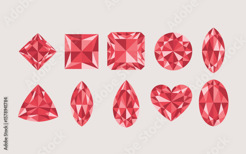 Collection of ten different faceted red gemstones in various cuts and shapes