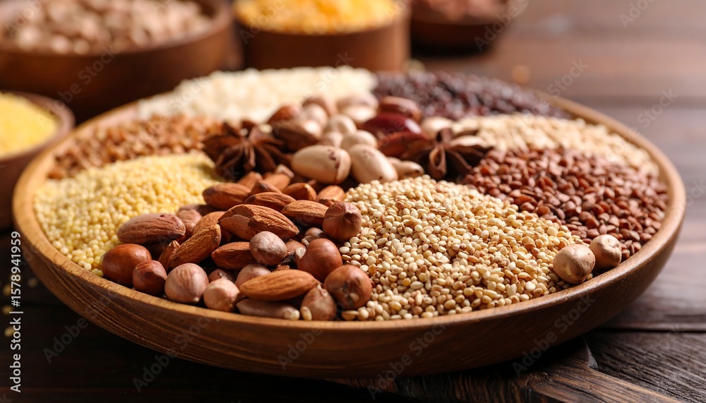 Wooden plate filled with various whole grains, nuts, and seeds Wooden plate filled with various whole grains, nuts, and seeds