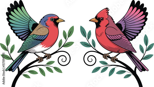 Colorful tropical parrots perch together on a tree branch, a vibrant illustration of nature's loving wildlife
