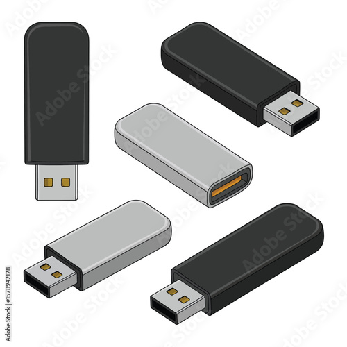 Collection of black and silver usb flash drives in isometric view