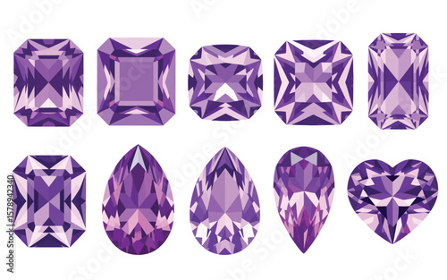 Collection of faceted purple gemstones in various cuts on a white background