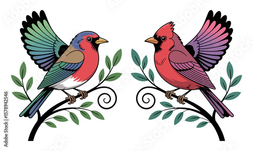 Two colorful tropical birds, a blue and red macaw and a green parakeet, perch together on a branch
