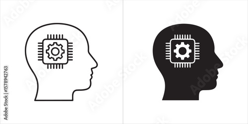 Artificial Intelligence Mind Icon Set, Featuring Human Head Outline with Integrated Microchip and Gear Symbol
