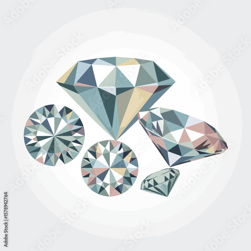 Collection of five faceted diamonds in various cuts and colors on a light background