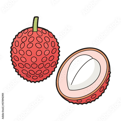 Peeled and Whole Lychee — Bumpy Red Skin Fruit Vector