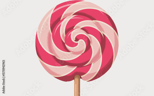Swirling pink and white lollipop on a wooden stick against a light background