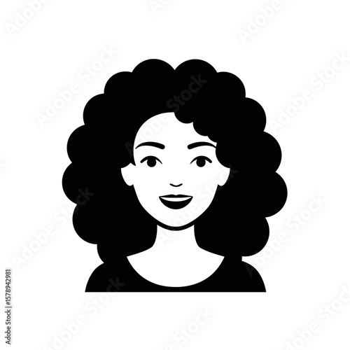 Portrait of a Smiling Woman with Curly Hair: A striking illustration of a cheerful woman with lush, voluminous curls and a warm smile. The minimalist style emphasizes the beauty of the human form.