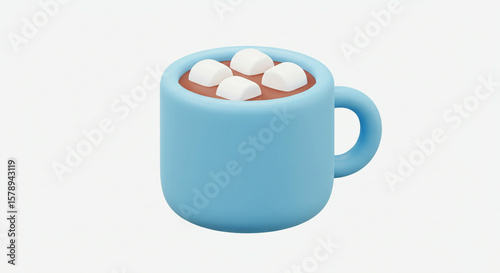 3D rendering of a lightblue mug filled with hot chocolate and four marshmallows on a plain white background