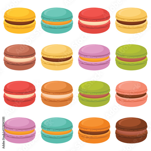 Collection of colorful french macarons with cream filling on a white background