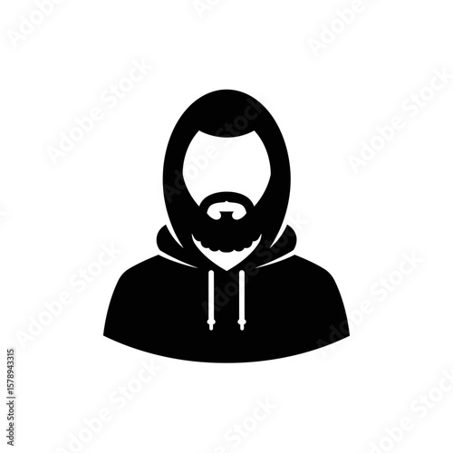 Silhouette of a Person: A stylized black silhouette of a person, defined by a hooded sweatshirt and beard. This graphic embodies anonymity and mystery.